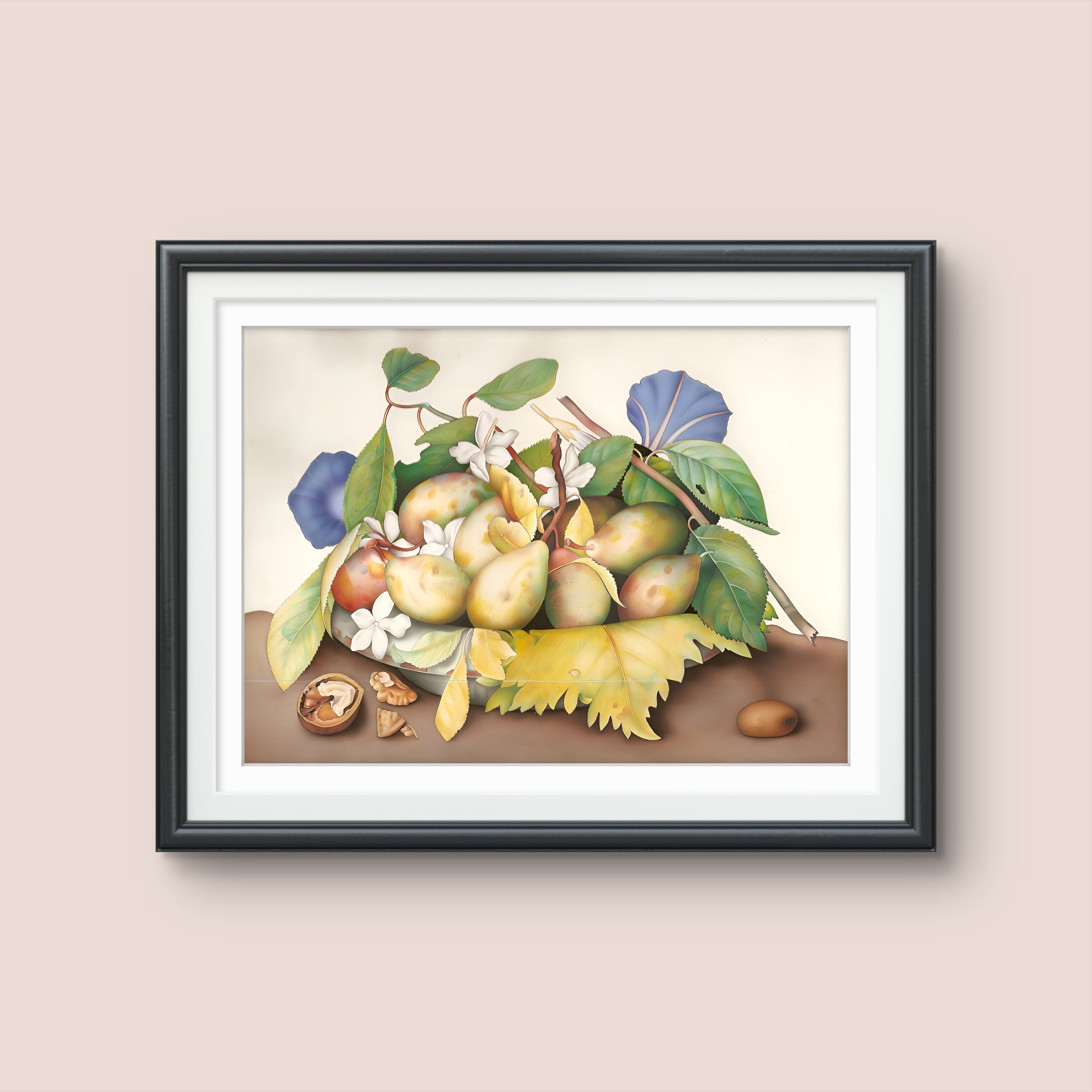 Yellow pears with floral accents and green foliage